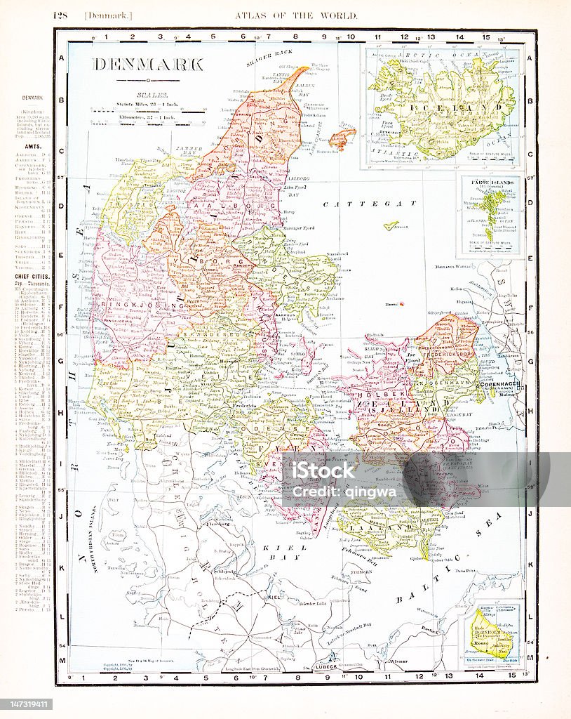 Antyczne Vintage mapy kolorów Danii i Islandia - Zbiór ilustracji royalty-free (Mapa)