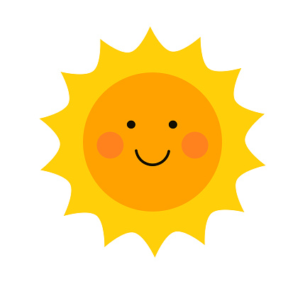 Cute smiling sun icon.  Flat design sun element. Vector illustration.