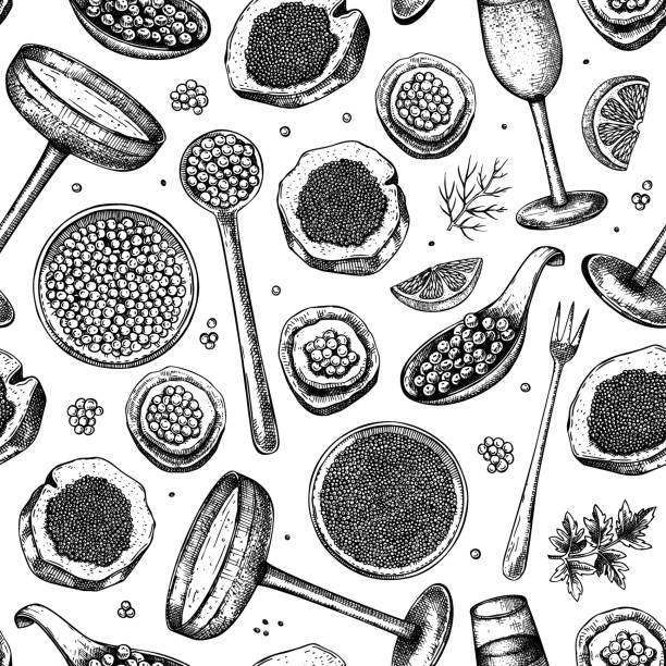 캐비아와 샴페인 매끄러운 패턴 - caviar stock illustrations