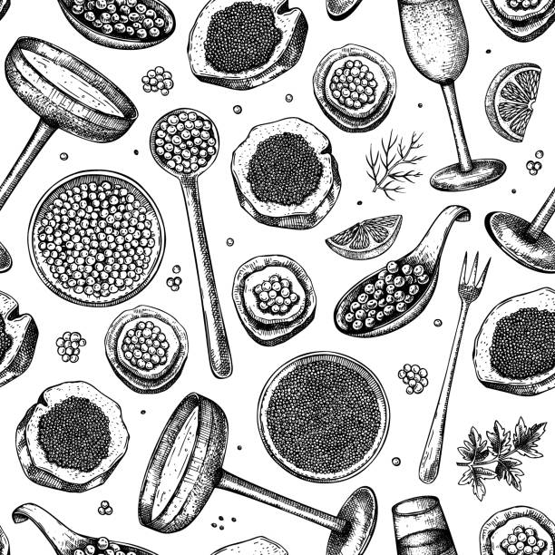 ilustrações de stock, clip art, desenhos animados e ícones de caviar and champagne seamless pattern - caviar