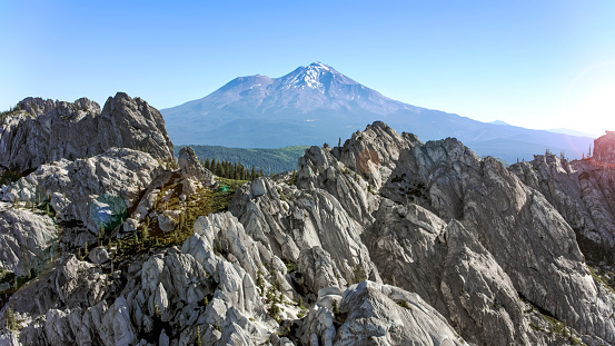 Aerial view of Mount Shasta from top of Castle Crags in Northern California, California, USA.