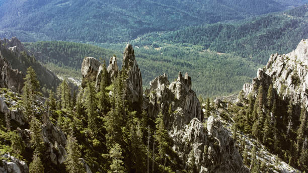 Aerial view of rugged mountain peak during sunny day, Northern California, California, USA.