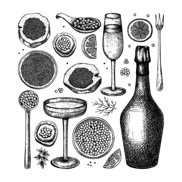 illustrazioni stock, clip art, cartoni animati e icone di tendenza di set di schizzi di caviale e champagne - caviar