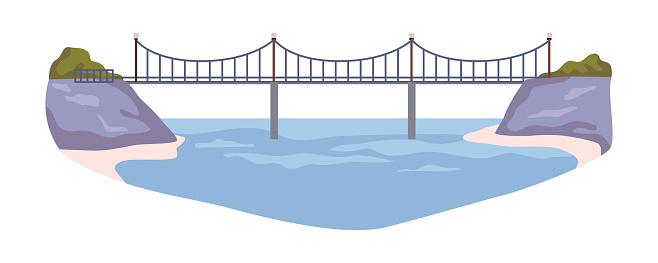 Suspension bridge between river banks connecting lands. Architecture for city or town, passway with road for cars and people to walk. Vector in flat style