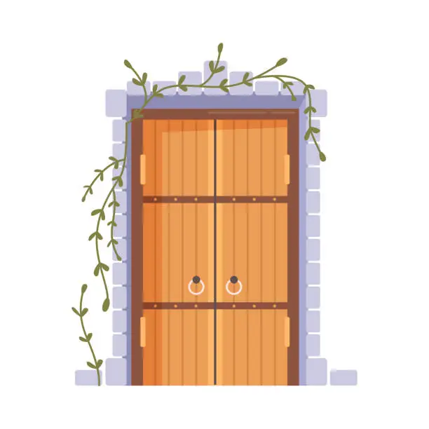 Vector illustration of Castle or historical building wooden doors with climbing plant growing. Isolated entrance with handles and brick wall. Exterior or facade. Vector in flat style