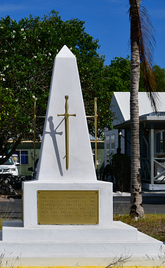 Yaren, Nauru: Nauru Cenotaph, white obelisk located in the Government House forecourt, erected in honour and remembrance of all Nauruans, Gilbert and Ellice Islanders and Chinese who perished and survived the occupation of Nauru during World War II