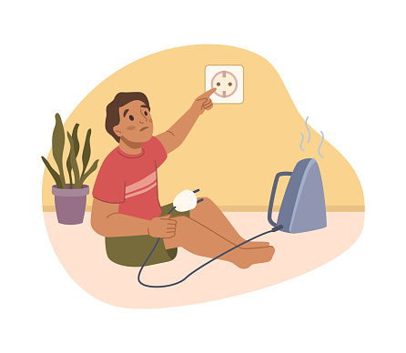 Child using electric appliances at home, putting fingers into socket. Kid danger at home and risk to life. Unwatched by parents. Flat cartoon, vector illustration