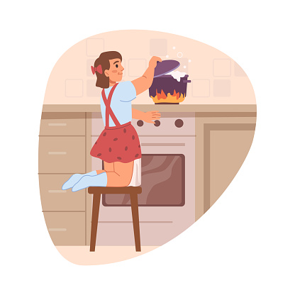 Girl kid by boiling water on stove, risk of burning or causing fire. Danger for child, unwatched by parents, home hazard. Flat cartoon, vector illustration