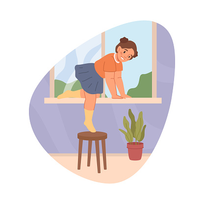 Child playing by window, unwatched by parents. Danger of falling through window. Kid dangerous behavior and risk to life. Flat cartoon, vector illustration
