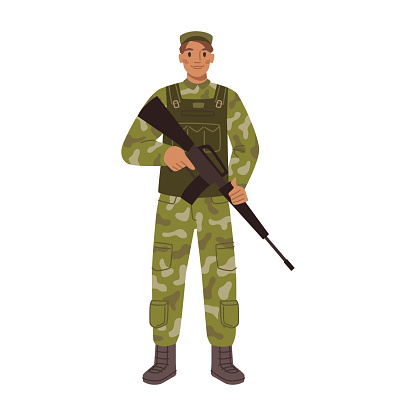 Combatant or soldier in life vest, holding rifle or weapon for fight. Isolated infantry army forces, military man at service. Flat cartoon, vector illustration