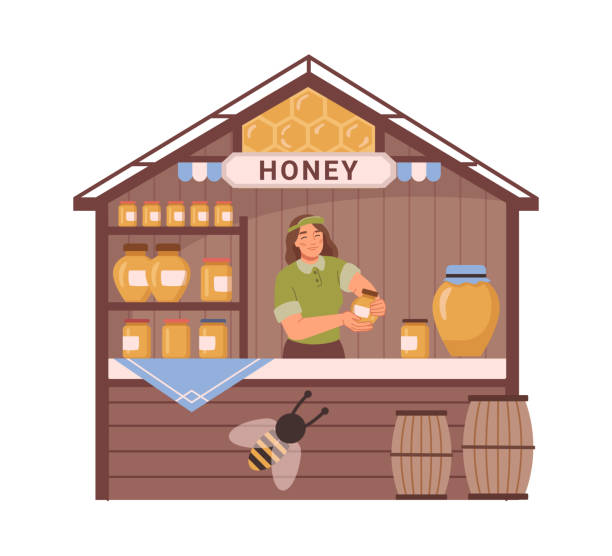 ilustrações, clipart, desenhos animados e ícones de vendedor de barracas de rua que oferece produtos de mel orgânicos e naturais. quiosque isolado com sortimento de sabores, apicultura, vendedor e abelha. desenho animado plano, ilustração vetorial - market tent market stall agricultural fair