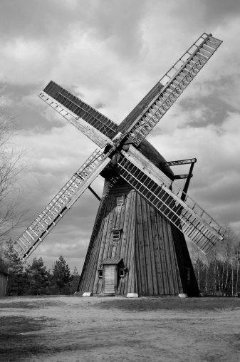 windmill wind retro building architecture old wood construction black white