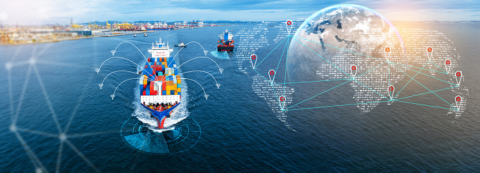 Technology Futuristic Global Logistics international delivery concept, World map logistic and supply chain network distribution container export import to customs concept technology transportation.