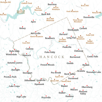 NY Delaware Hancock Vector Road Map. All source data is in the public domain. U.S. Census Bureau Census Tiger. Used Layers: areawater, linearwater, roads, rails, cousub, pointlm, uac10. https://www.census.gov/geographies/mapping-files/time-series/geo/tiger-line-file.html