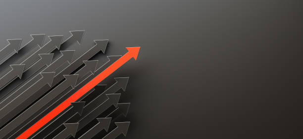 istock Leadership concept, red leader arrow leading black arrows, on black background with empty copy space on right side 1473205401