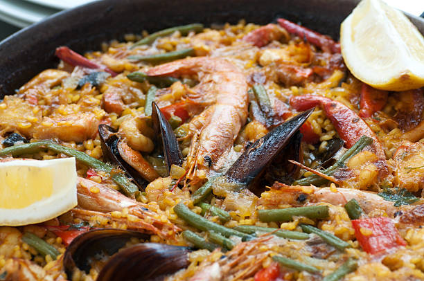 Traditional Spanish seafood paella dish with plankton. Seafood and gastronomy concept.