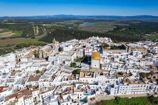 Aerial view above the beautiful village of Vejer de la Frontera in Andalusia Spain