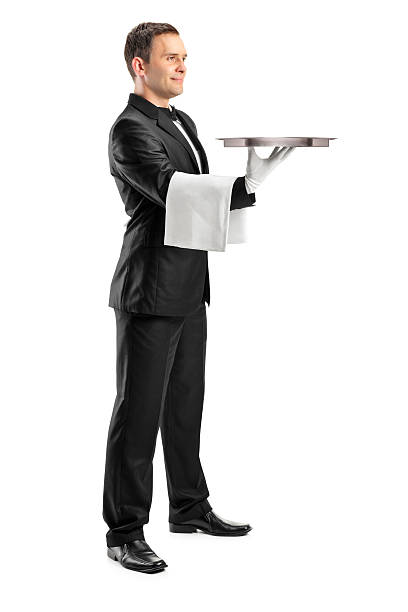 バトラーにリボンタイ用の空白のトレイ - butler domestic staff waiter tuxedo ストックフォトと画像