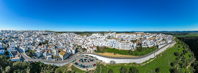 Aerial view above the beautiful village of Vejer de la Frontera in Andalusia Spain