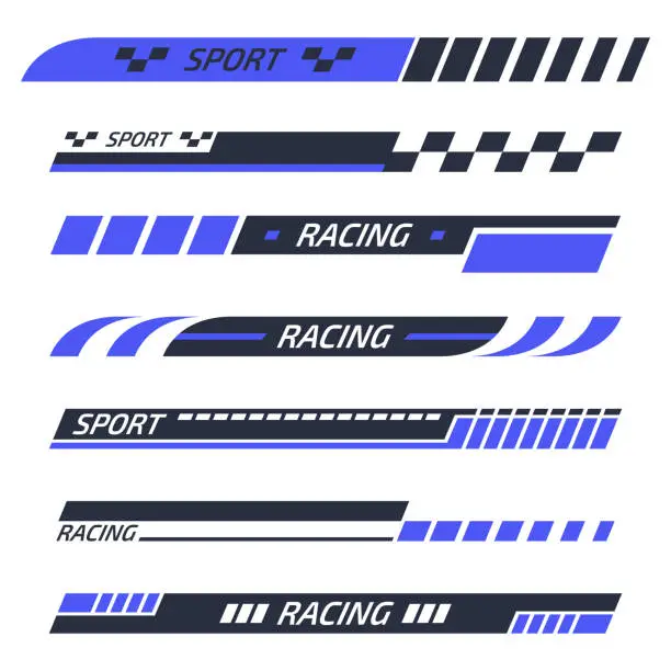 Vector illustration of Tuning racing stickers. Sports car, motor boat stripes, vehicle tuning decals flat vector illustration set. Tuning striped sport bars