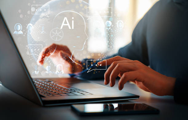 concept of  AI and computer technology Computer and hands close up. The concept of artificial intelligence and computer technology. ai stock pictures, royalty-free photos & images