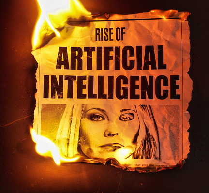 Burning simulated newspaper clipping about the rise of artificial intelligence. The text was written from scratch by the photographer, who also did the design and shot the photograph, which is properly model-released, so this image is free of third-party copyright and may be used without restrictions.