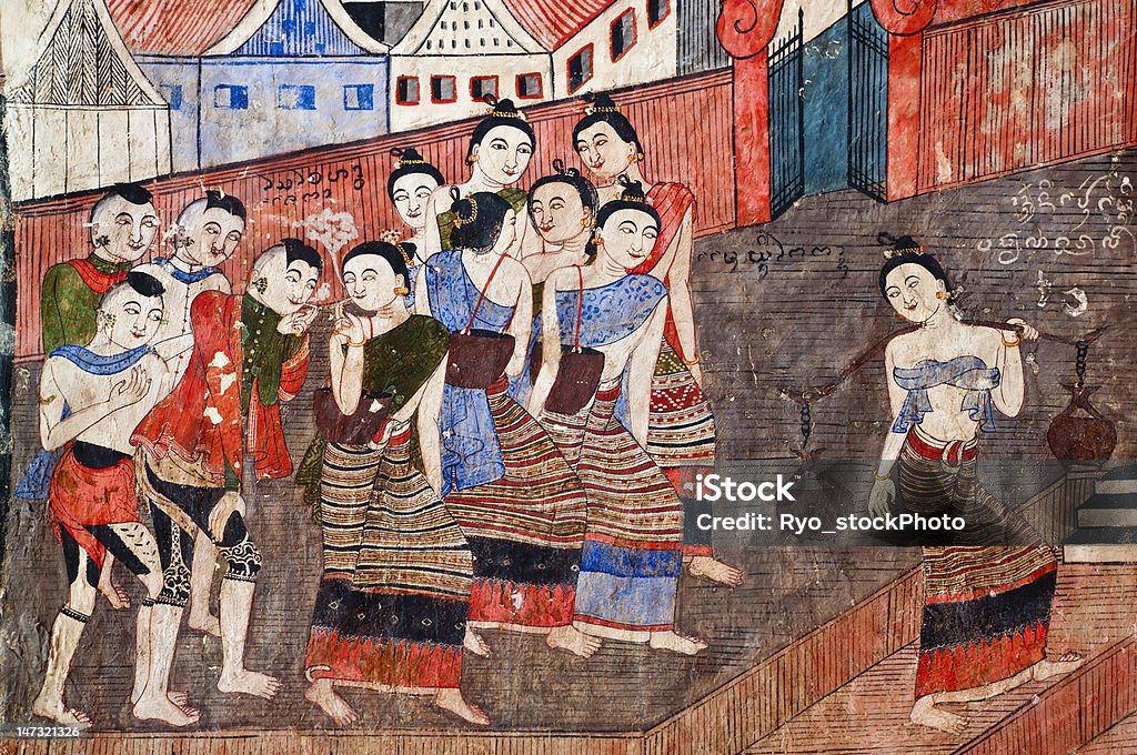Antiga Thai Mural de pintura - Foto de stock de Pintura a Óleo - Tinta royalty-free