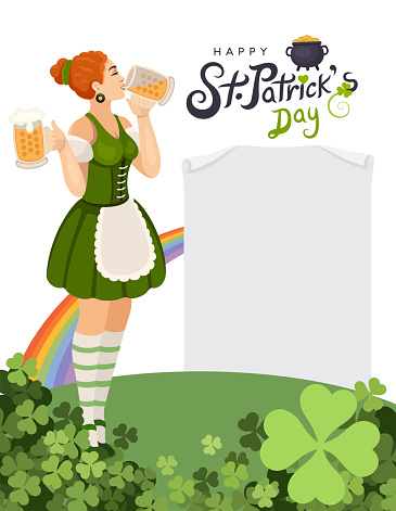 Saint Patrick's Day Celebration. Vector Irish Lucky Holiday Design for Poster. Paper Sign. Party Flyer Illustration with Clover. St. Patrick's Girl with beer mug.