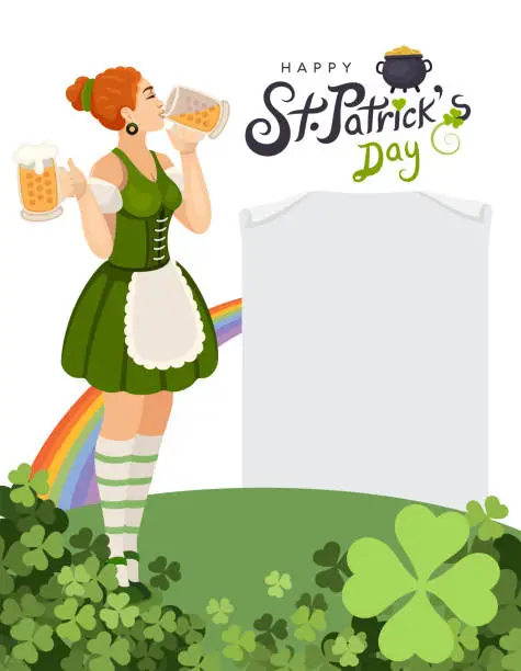 Vector illustration of Saint Patrick's Day Celebration. Vector Irish Lucky Holiday Design for Poster. Paper Sign. Party Flyer Illustration with Clover. St. Patrick's Girl with beer mug.