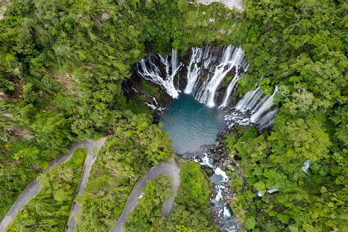 Aerial photo by drone of the Grand Galet waterfall and the Langevin river on the island of Reunion