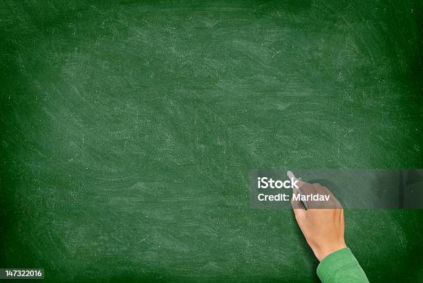 Blank Blackboard Chalkboard With Hand Stock Photo - Download Image Now - Chalkboard - Visual Aid, Green Color, Black Background
