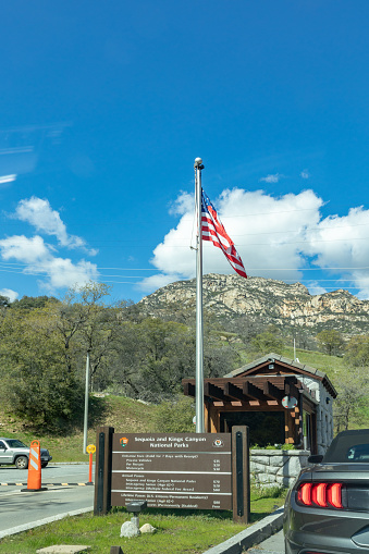Three RIVERS, USA - March 11, 2019: entrance of Sequoia tree national park with toll booth.