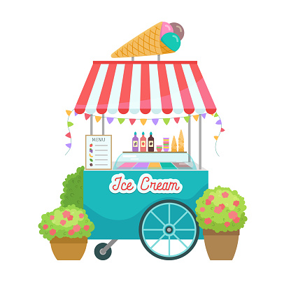 Ice cream cart. Summer street food pushcart fridge trolley. Gelato shop street take away food stand with signboard, ice cream trays, cones, menu. Cute design - red booth, flowers in pots, pennants.