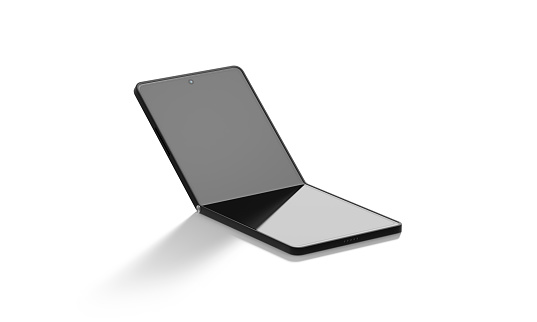 Blank black flexible chamshell phone display half folded mockup, isolated, 3d rendering. Empty transform smartphone frame mock up. Clear hi-tech innovation flex gadget template.