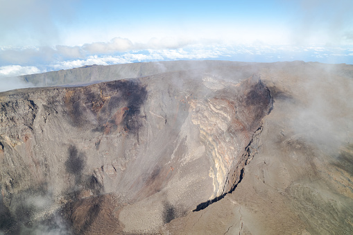 Aerial photo by drone of a lava flow and rock on the island of Reunion