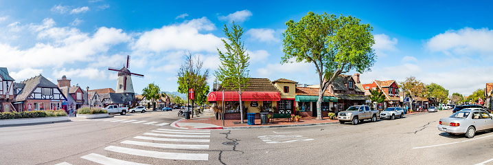 Solvang, California, USA - APRIL 22, 2019: old Main street in Solvang historic downtown, Santa Ynez Valley in Santa Barbara County. A Danish Village is a popular tourist attraction.