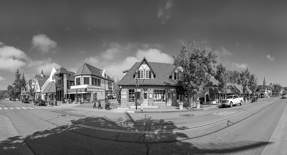 Solvang, California, USA - APRIL 22, 2019: old Main street in Solvang historic downtown, Santa Ynez Valley in Santa Barbara County. A Danish Village is a popular tourist attraction.