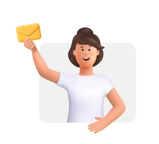 Vector illustration of Young smiling woman holds yellow envelope. Post, gift, promotion, e-mail, messenger service concept. 3d vector people character illustration.Cartoon minimal style.