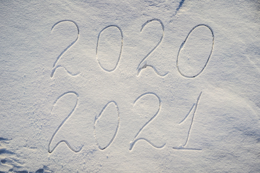 Inscriptions on the snow 2020 2021. 2020 ended and it's 2021.