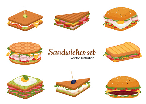 Set of delicious juicy sandwiches filled with vegetables, cheese, meat, bacon. Crispy toast, croissant and bun sandwiches vector set. Tasty snack for lunch or breakfast with fresh ingredients