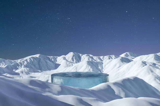3d render winter platform and natural podium background, Ice podium on the ice snow mountain backdrop star and night sky for product display, advertising, cosmetic skincare with empty round stage