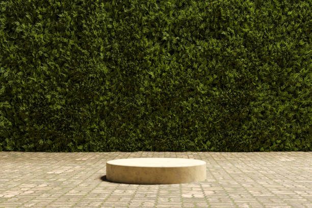 istock Abstact 3d render spring scene and Natural podium background, stone podium on the brick floor, backdrop colorful leaf wall for product display advertising, cosmetic, etc 1473225624
