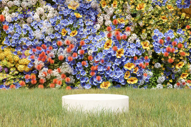 istock Abstact 3d render spring scene and Natural podium background, White stone podium on the grass field, backdrop colorful flowers wall for product display advertising, cosmetic, etc 1473225631