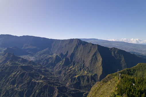 Aerial photo by drone of the cirques of Cilaos and the green mountains on the island of Reunion