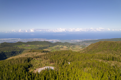 Aerial photo by drone of the cirques of Cilaos and the green mountains on the island of Reunion
