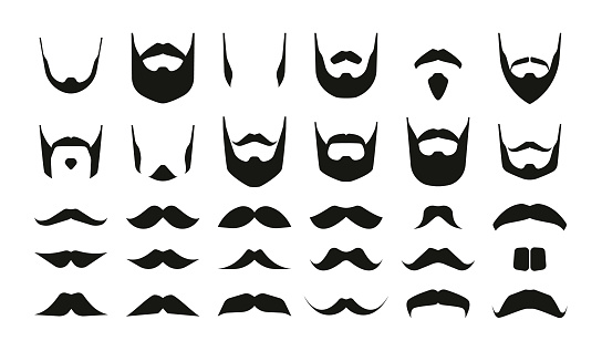 Mustaches and beards. Hipster black mustached bearded faces, simple masculine symbols different variations for barber logo. Vector isolated set. Elegant and fashionable beard, gentleman