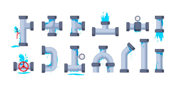 ilustrações de stock, clip art, desenhos animados e ícones de pipeline leak. broken pipe with leakage, plumber dripping drain faucet problem, tap valve crack with water drops, industrial technology concept. vector set - burst pipe