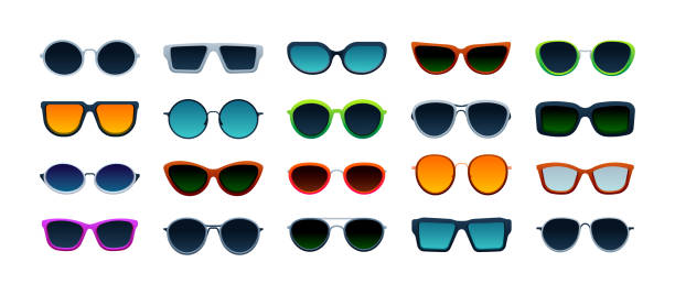 istock Fashion sunglasses. Modern glasses different shape and color, stylish sun protective accessories in trendy rims, eyesight care concept. Vector set 1473227431