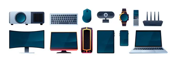Vector illustration of Technology gadgets set. Portable wireless appliances, cartoon bundle of electronic devices and computer appliance flat style. Vector isolated collection