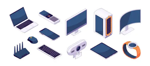 Vector illustration of Isometric gadget set. Wireless smart devices laptop Wi-Fi router web camera smart watches mouse keyboard phone and tablet. Vector isolated set